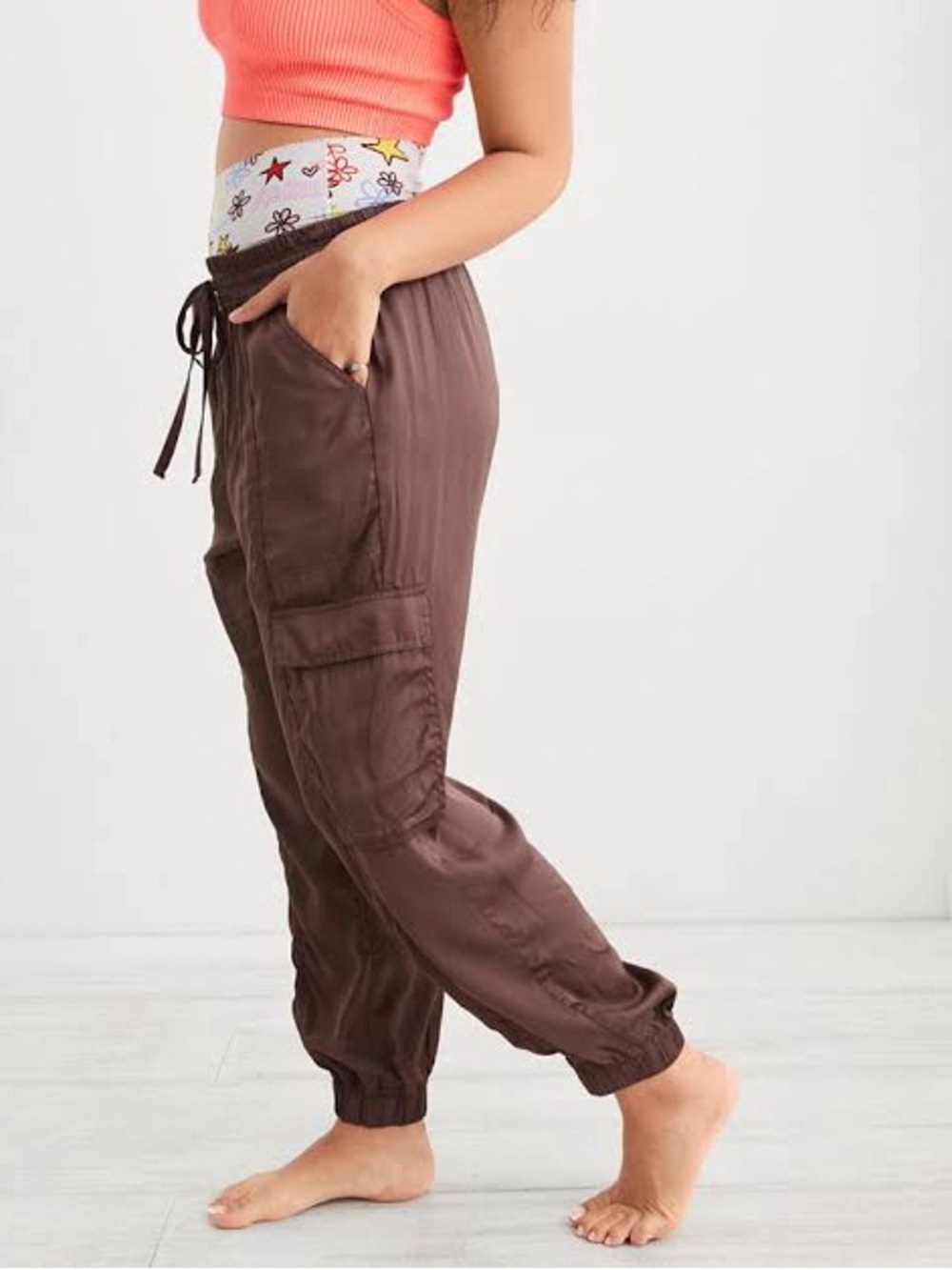 Aerie Satin Brown Cargo Joggers Size M